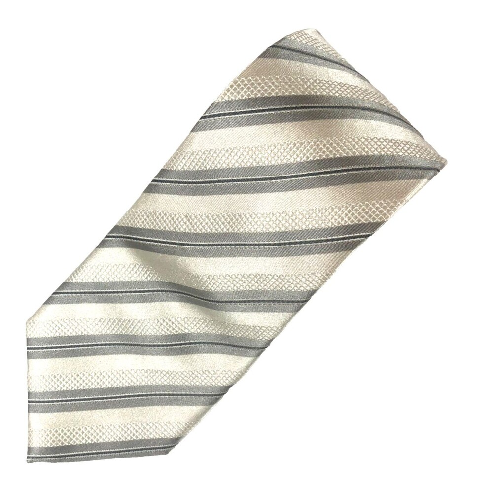 HATHAWAY 100% Silk Tie Gray Silver Cream Diagonal Stripe Geometric Texture Patte